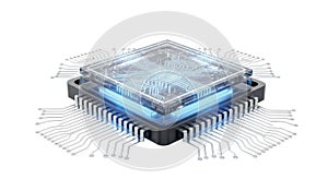 Detailed view of a futuristic computer processor chip with glowing blue internal components isolated on white background