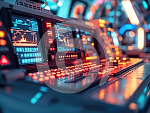 Close up of a control panel in a control room. 3d rendering. Futuristic Control Panel
