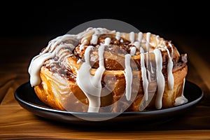 A detailed view of a gooey cinnamon roll on a wooden table