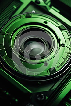 A detailed view of a green camera lens. Suitable for use in photography-related projects photo
