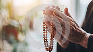 Detailed View of Hands Grasping Prayer Beads in a Moment of Faith photo