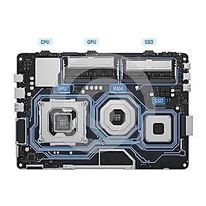 Detailed view of a high performance laptop motherboard with cooling system