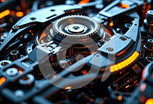 Close-up of a futuristic robotic or mechanical device with intricate gears and