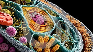 Detailed view of human cell with visible nucleus. Generated Ai photo