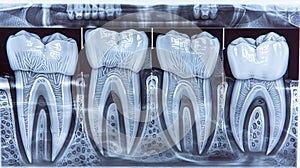 Detailed view of human tooth structure in dental radiography for dentistry background.