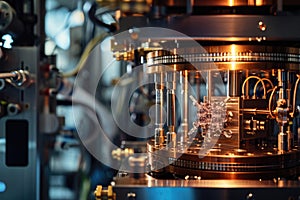 A detailed view of the inner workings of a machine, featuring a prominently displayed clock, A quantum computer in a high-tech