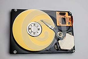 Detailed view of the inside of a hard disk drive