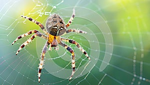 Detailed view of intricate hexagonal spiderweb with a spider positioned prominently at the center photo