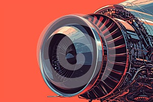 A detailed view of a jet engine with mechanical parts exposed, set against a vibrant red background, A detailed illustration of a