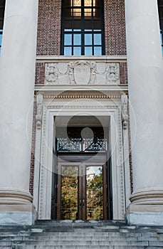 Detailed view of the main Harvard University library.