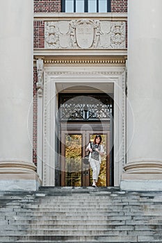 Detailed view of the main Harvard University library entrance.