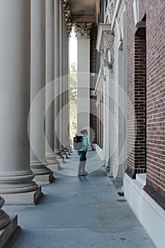 Detailed view of the main Harvard University library entrance.