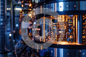 A detailed view of a mechanical device at work within the confines of a manufacturing plant, A quantum computer in a high-tech