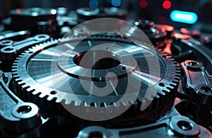Close-up of intricate metallic gears and cogs in a mechanical device with a
