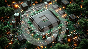 Detailed View of a Microchip on a Green Circuit Board