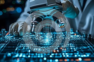 Advanced Technology in Science: Close-Up of Microscope on Circuit Board for Innovation and Research Generative AI