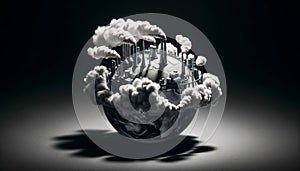 Detailed view of a miniature globe of Earth encircled by industrial chimneys, with clouds of smoke casting a shadow over