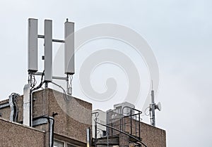 Detailed view of mobile 3G and 4G communications masts.