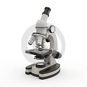 Modern compound microscope with multiple lenses and stage