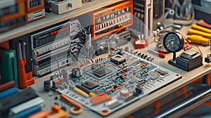 Electronics Workbench with Circuit Board and Components Generated Ai