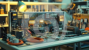Electronics Workbench with Circuit Board and Components Generated Ai