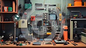 Electronics Workbench with Circuit Board and Components Generated Ai