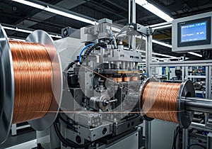 A detailed view of a modern industrial wire processing machine, showcasing copper wire spools on