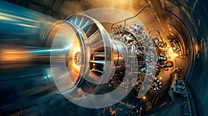 Detailed view of a modern jet engine installed in an airplane, showcasing advanced technology and intricate design