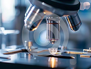 Detailed view of a modern microscope in a laboratory setting focusing on sample analysis