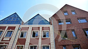 Detailed view of modern townhouses in row of. Original townhouses in a residential area.