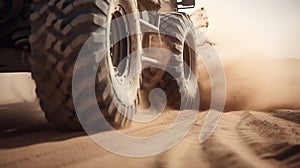 Detailed view of motion the wheels tires and off-road truck shaft that goes in the dust of the desert through the wheels on the