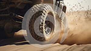 Detailed view of motion the wheels tires and off-road truck shaft that goes in the dust of the desert through the wheels on the