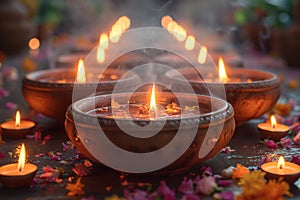 A detailed view of multiple lit candles arranged on a table, casting a warm glow