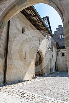 Detailed view of the old monastery and convent in the idyllic Swiss village of Stein Am Rhein