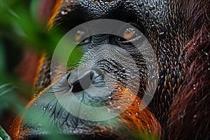 Detailed view of an orangutans facial features