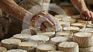 A detailed view of a person engaged in the process of making cheese, focusing on the hands and ingredients involved