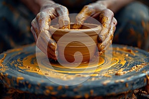 A detailed view of a potter\'s wheel where hands expertly shape a unique ceramic piece