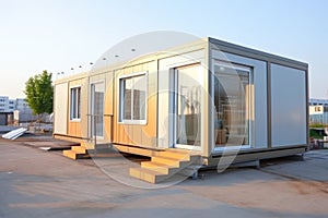 detailed view of a prefab office building under a clear sky