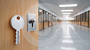 Detailed view of a prison cell door lock with a key inserted, emphasizing security and confinement in a blurred corridor
