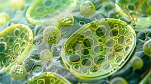 A detailed view of a protozoas chloroplasts responsible for photosynthesis showcases their organized arrangement within photo