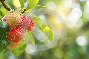 Detailed view of a rambutan flower blooming on a tree branch