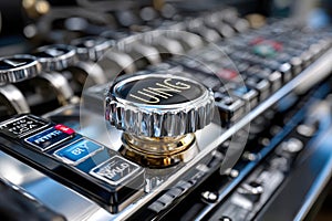 Close-up of a vintage control panel with shiny knobs and buttons in a retro gaming setup