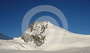 Detailed view of the Rimpfischhorn mountain peak in the Swiss Alps near Zermatt