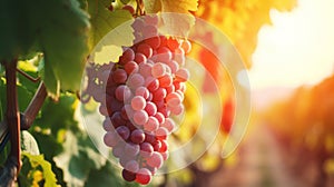 Detailed view of ripe grapes hanging on a vine branch in a picturesque vineyard setting