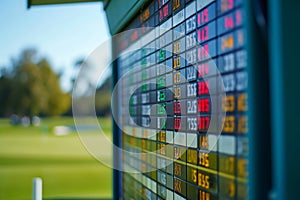 A detailed view of a score board displayed on a field, showcasing the current scores of a game, A golf scoreboard with colorful