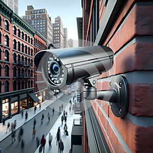 Detailed view of a security camera mounted on the exterior wall of a brick building