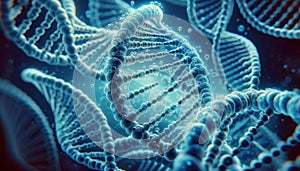 Detailed view of several intertwined DNA strands, emphasizing their complex structure
