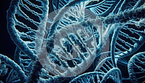 Detailed view of several intertwined DNA strands, emphasizing their complex structure