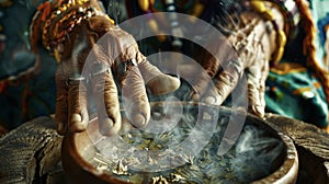 A detailed view of the shamans hands cupping a bowl of healing herbs their fingers hovering over the steam rising from