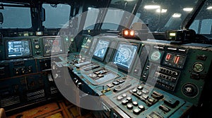 Ship bridge control panel futuristic interior design sci fi vessel navigation system technology console view